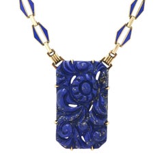 Art Deco Carved Lapis, Blue Enamel & 14K Yellow Gold Necklace