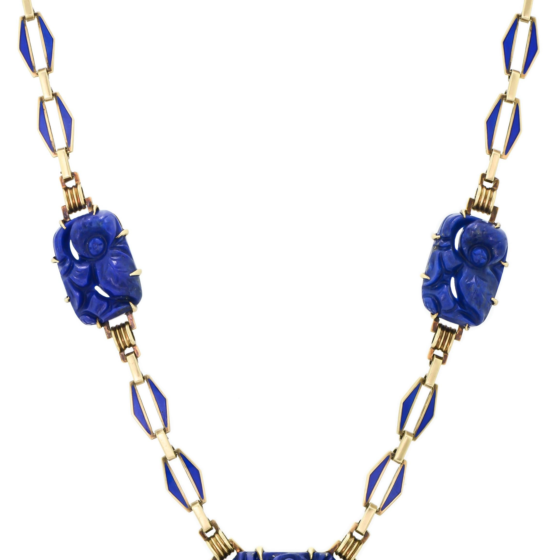 Mixed Cut Art Deco Carved Lapis, Blue Enamel & 14K Yellow Gold Necklace For Sale