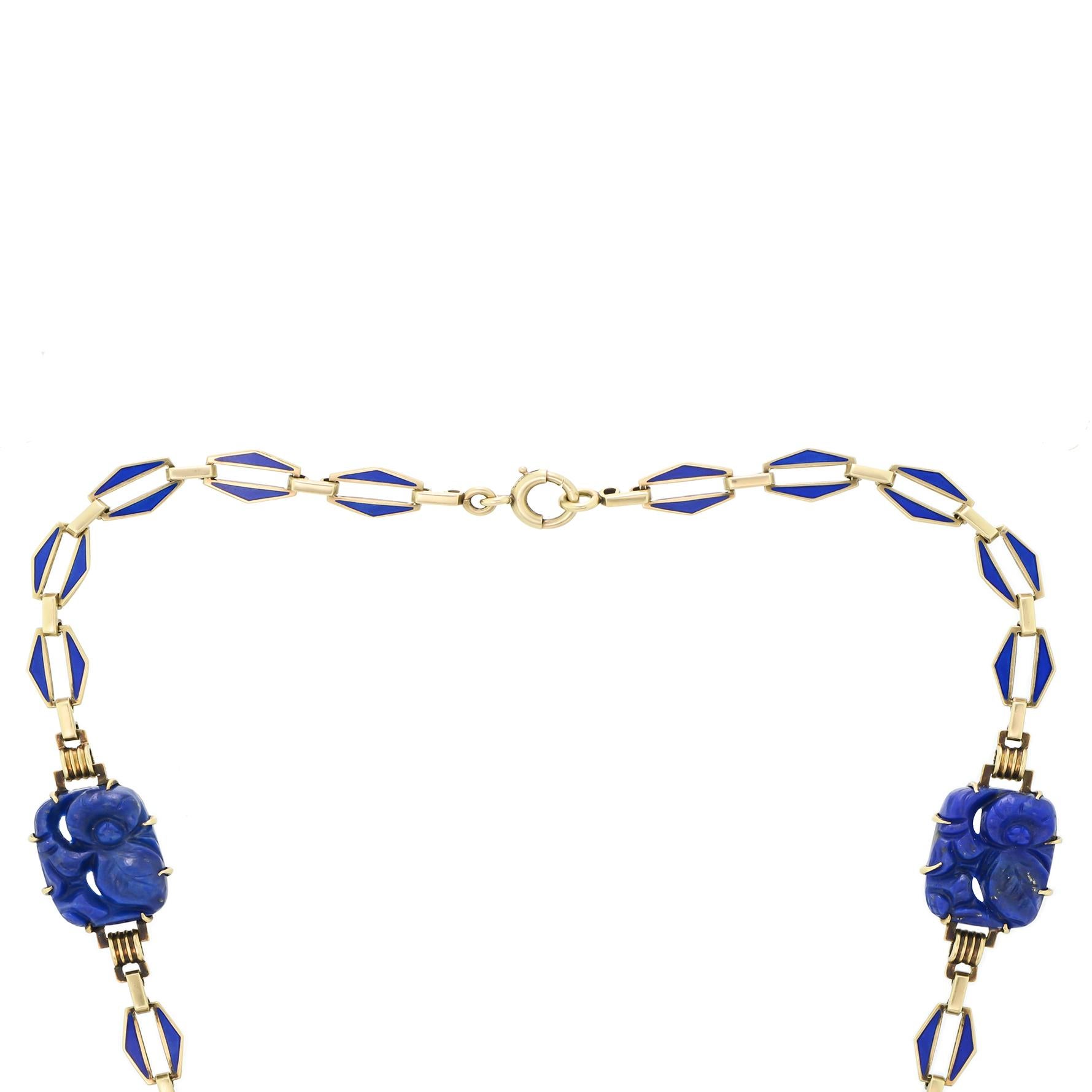 Art Deco Carved Lapis, Blue Enamel & 14K Yellow Gold Necklace In Good Condition For Sale In Wheaton, IL