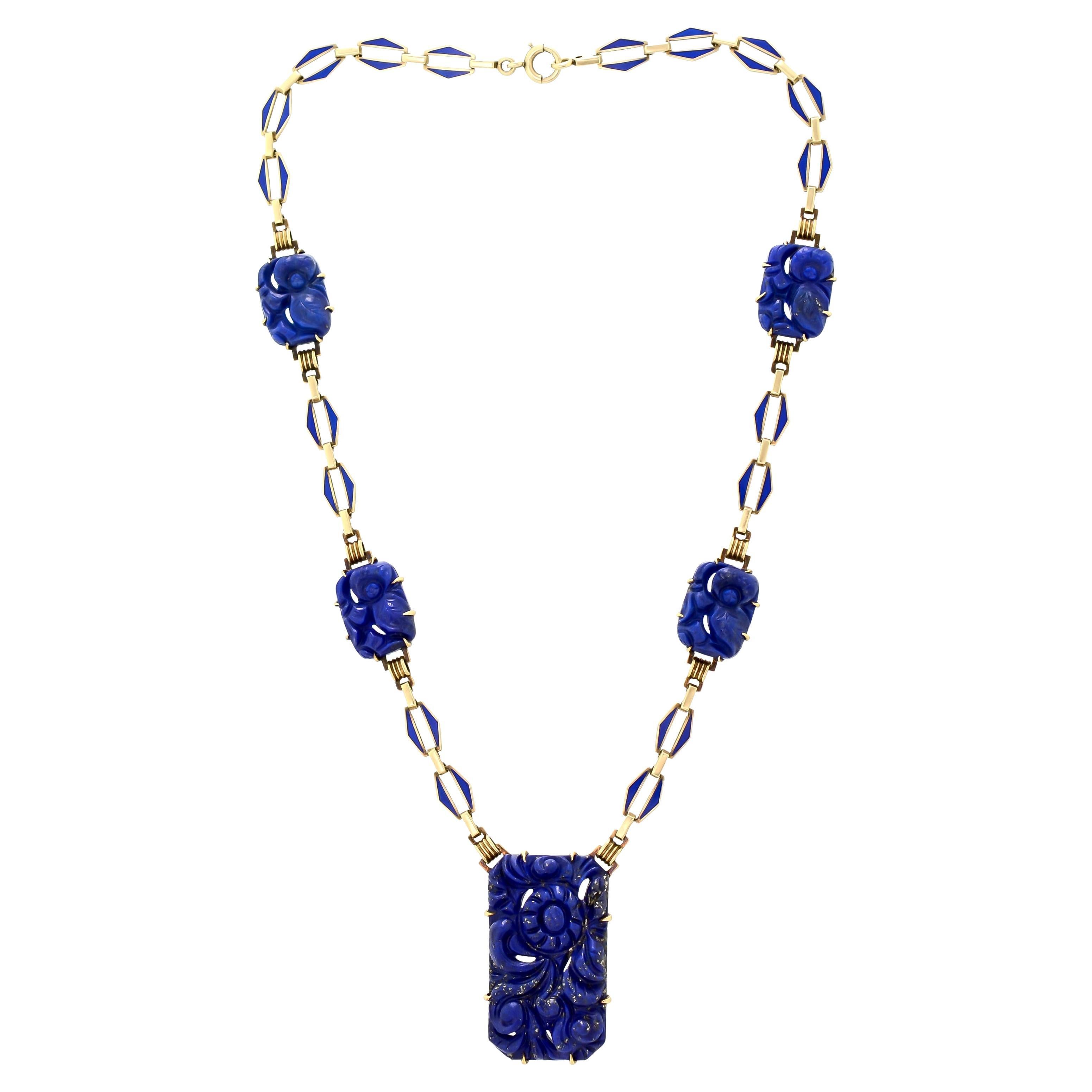 Art Deco Carved Lapis, Blue Enamel & 14K Yellow Gold Necklace For Sale