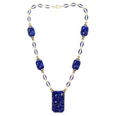 Art Deco Carved Lapis, Blue Enamel & 14K Yellow Gold Necklace
