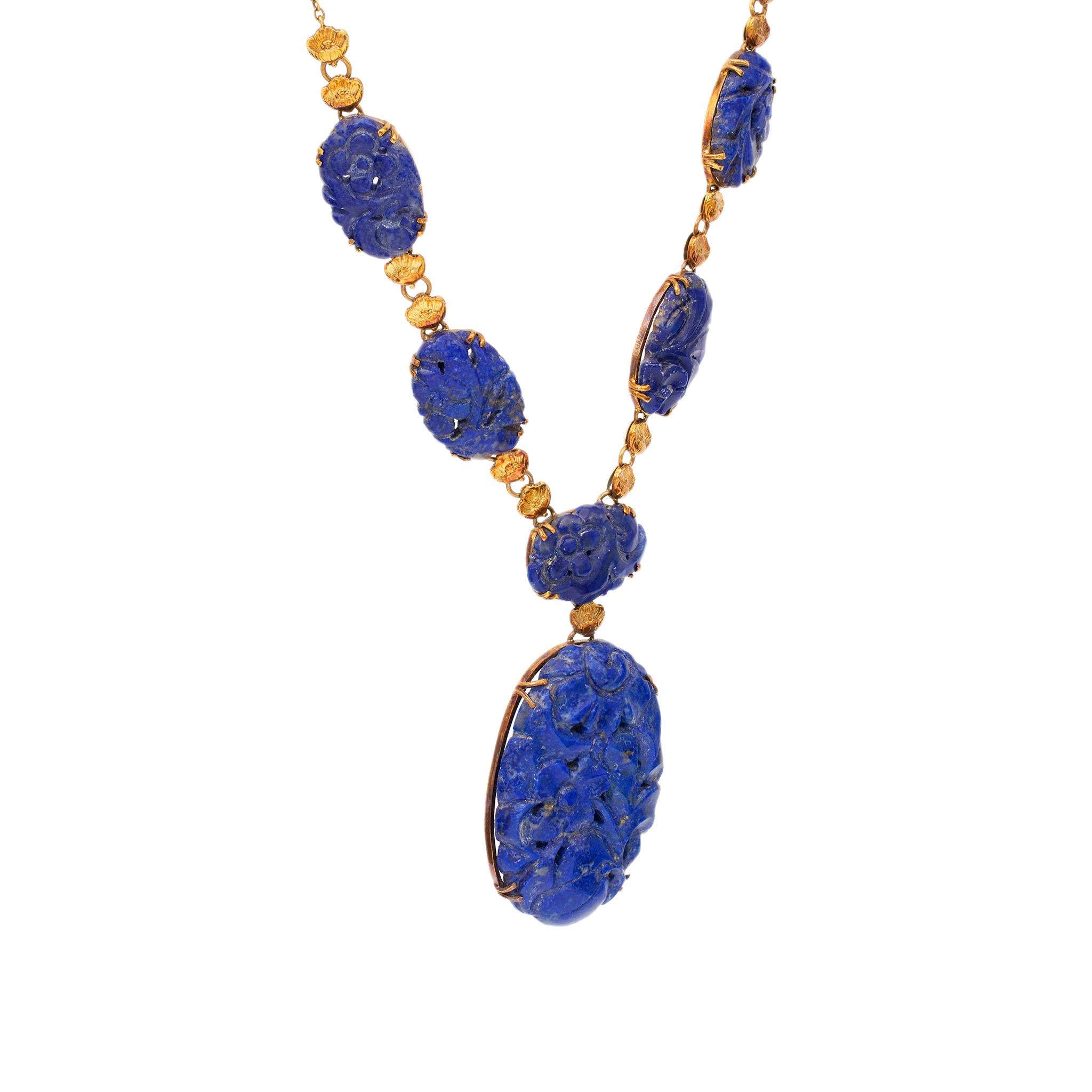 Women's or Men's Art Deco Carved Lapis Lazuli 14k Yellow Gold Necklace For Sale