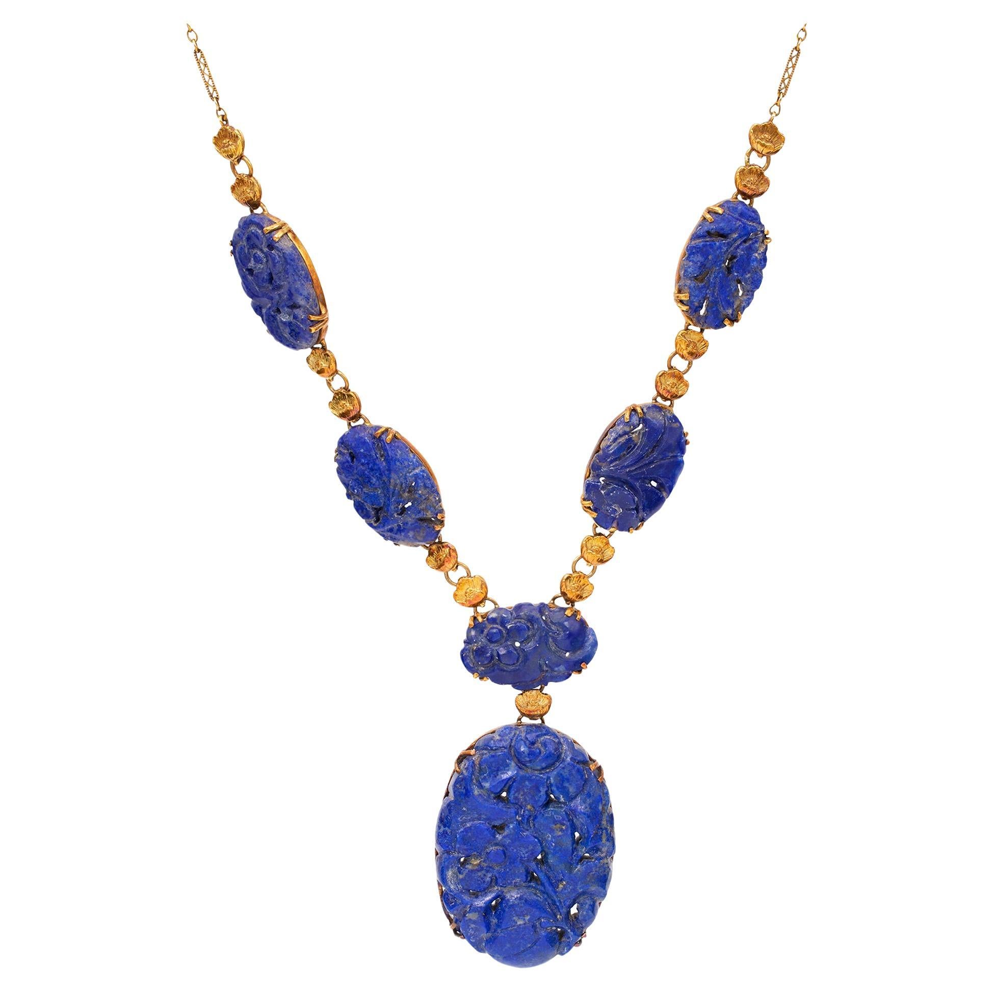Art Deco Carved Lapis Lazuli 14k Yellow Gold Necklace For Sale