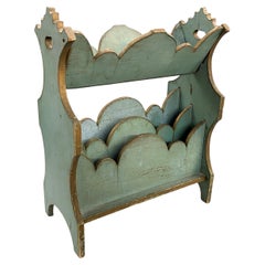 Antique Art Deco Carved Magazine Rack with Scalloped Dividers in Original Blue Paint