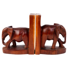 Vintage Art Deco Carved Mahogany Elephant Bookends 