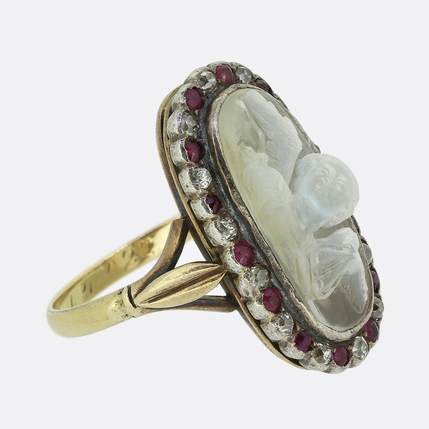 Oval Cut Art Deco Carved Moonstone Ruby and Diamond Apollo Ring