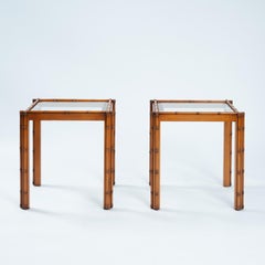 Art Deco Carved Oak Bamboo Style Cut Glass Side Table, Japanese style, set of 2