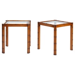 Art Deco Carved Oak Bamboo Style Cut Glass Side Table, Japanese style, set of 2
