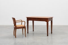 Art Deco carved oak Desk or Table with copper details, Belgium 1920s
