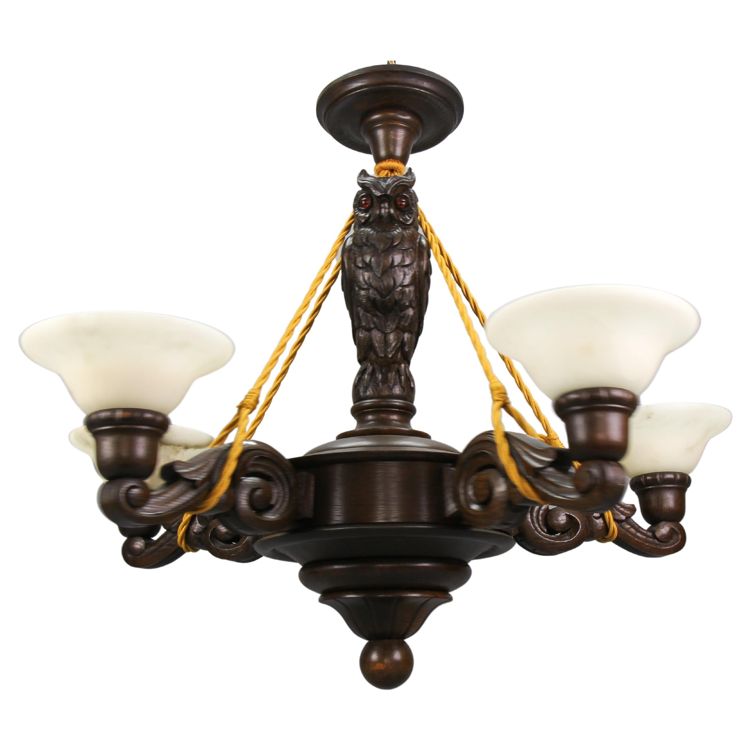 Art Deco Carved Oakwood and Alabaster Five-Light Chandelier with Owl Figure