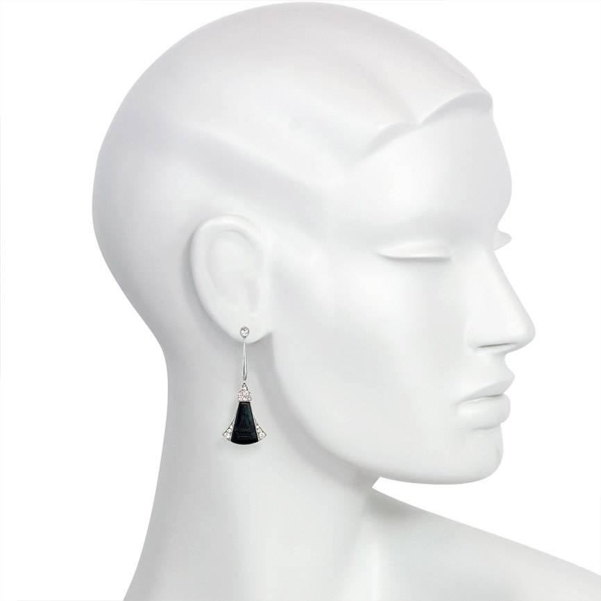 Women's or Men's Art Deco Carved Onyx and Diamond Earrings in Platinum