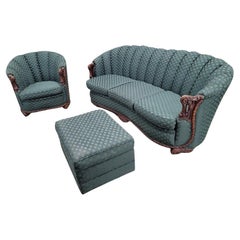 Art Deco Carved Ornate Channel Back Curved Sofa, Lounge Chair And Ottoman