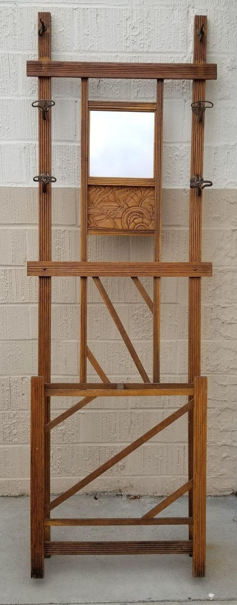 American Art Deco Carved Rack Hall Tree with Mirror For Sale