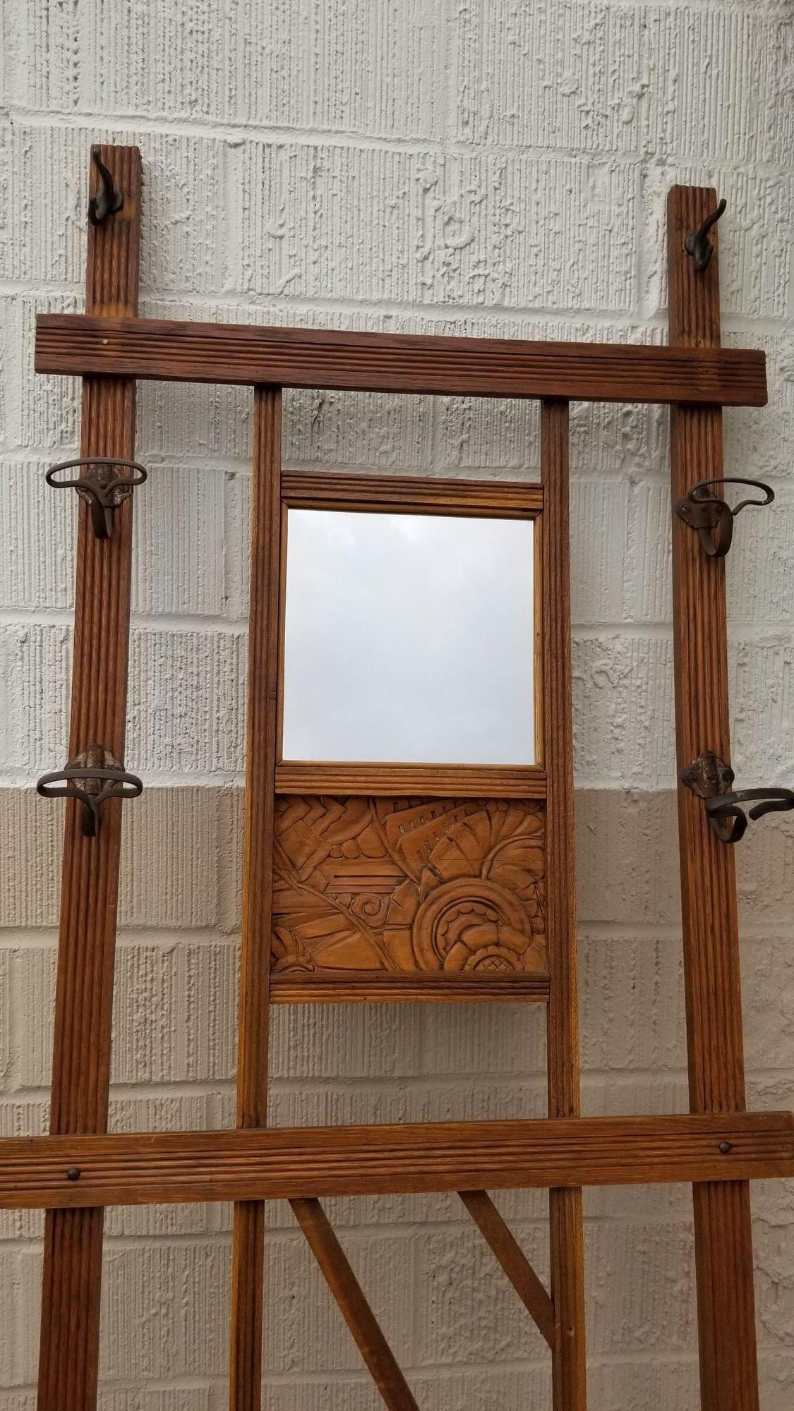Art Deco Carved Rack Hall Tree with Mirror In Excellent Condition For Sale In Van Nuys, CA
