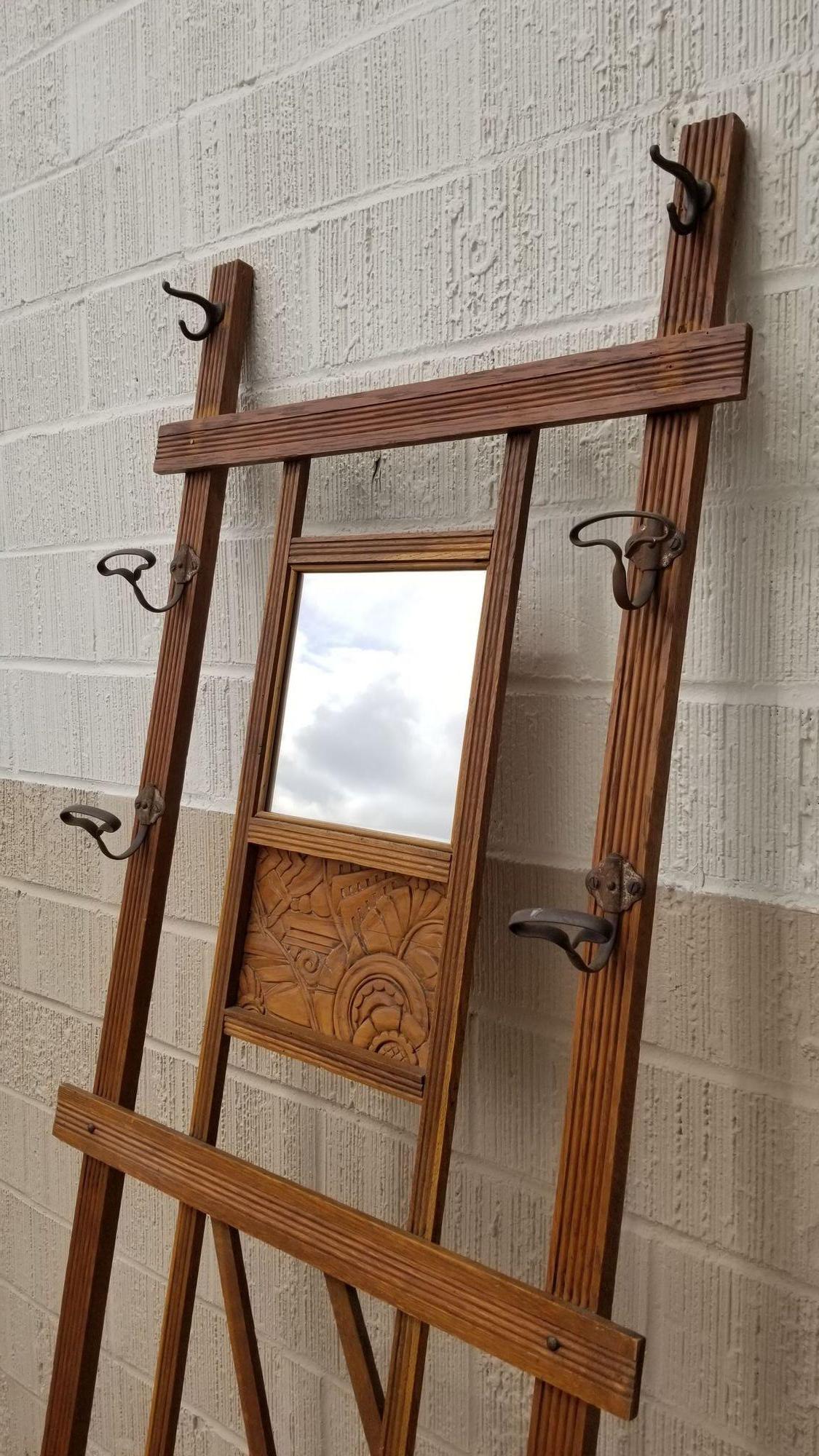 20th Century Art Deco Carved Rack Hall Tree with Mirror For Sale