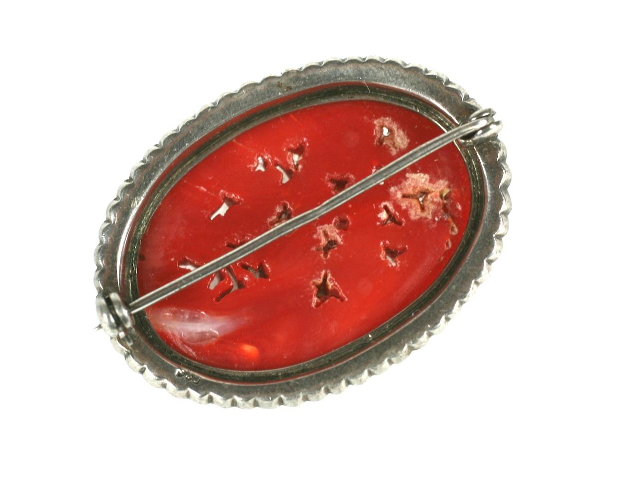 Cabochon  Art Deco Carved Red Coral and Paste Brooch For Sale