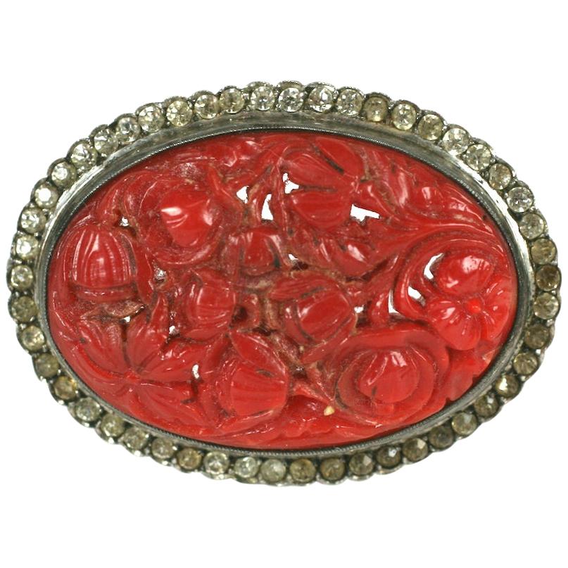 Art Deco Carved Red Coral and Paste Brooch