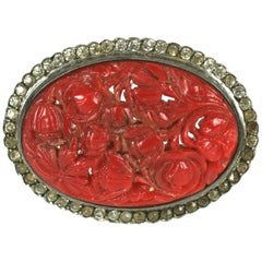 Used  Art Deco Carved Red Coral and Paste Brooch