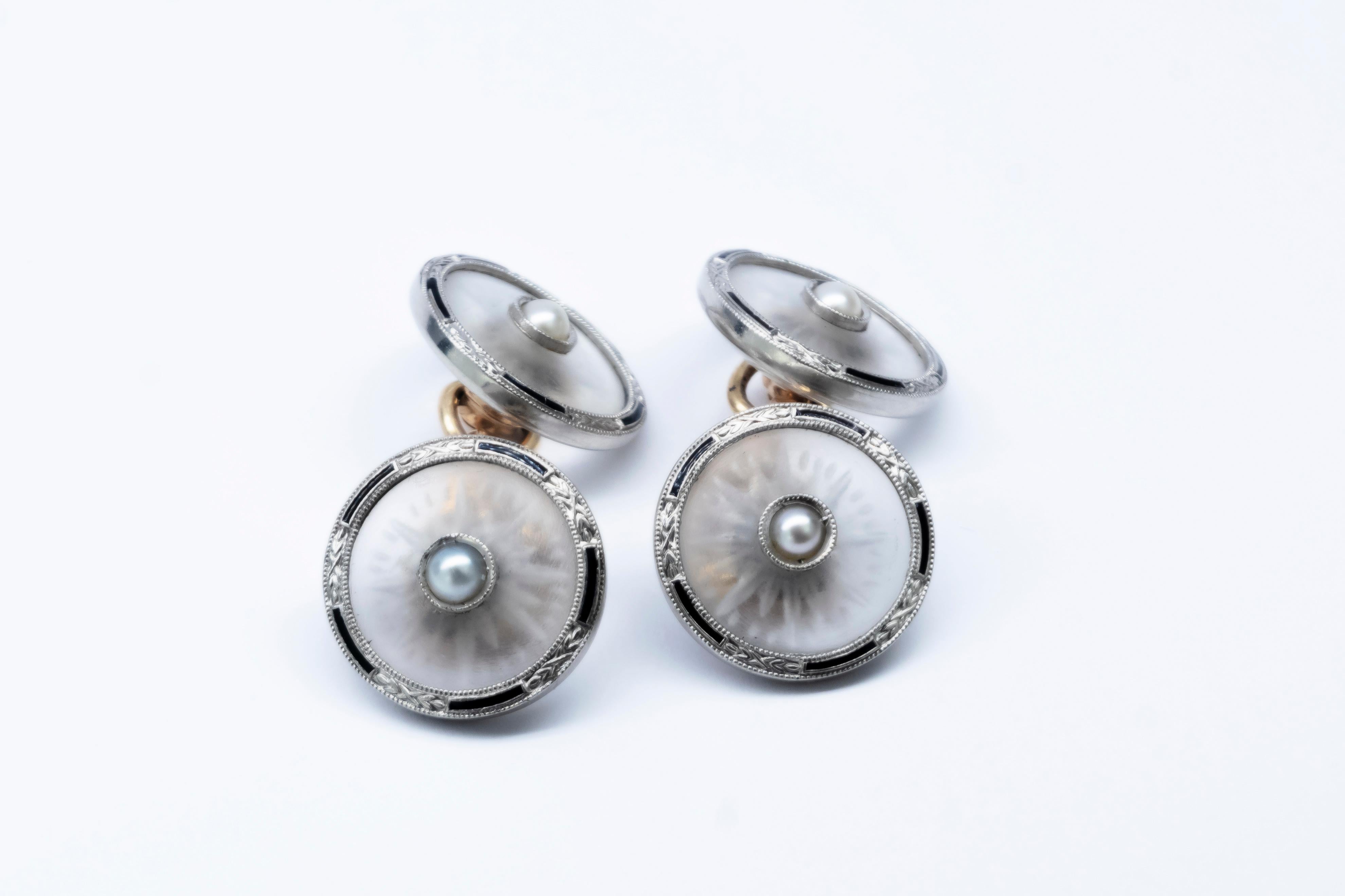 Women's or Men's Art Deco Carved Rock Crystal and Sapphire Cufflinks For Sale