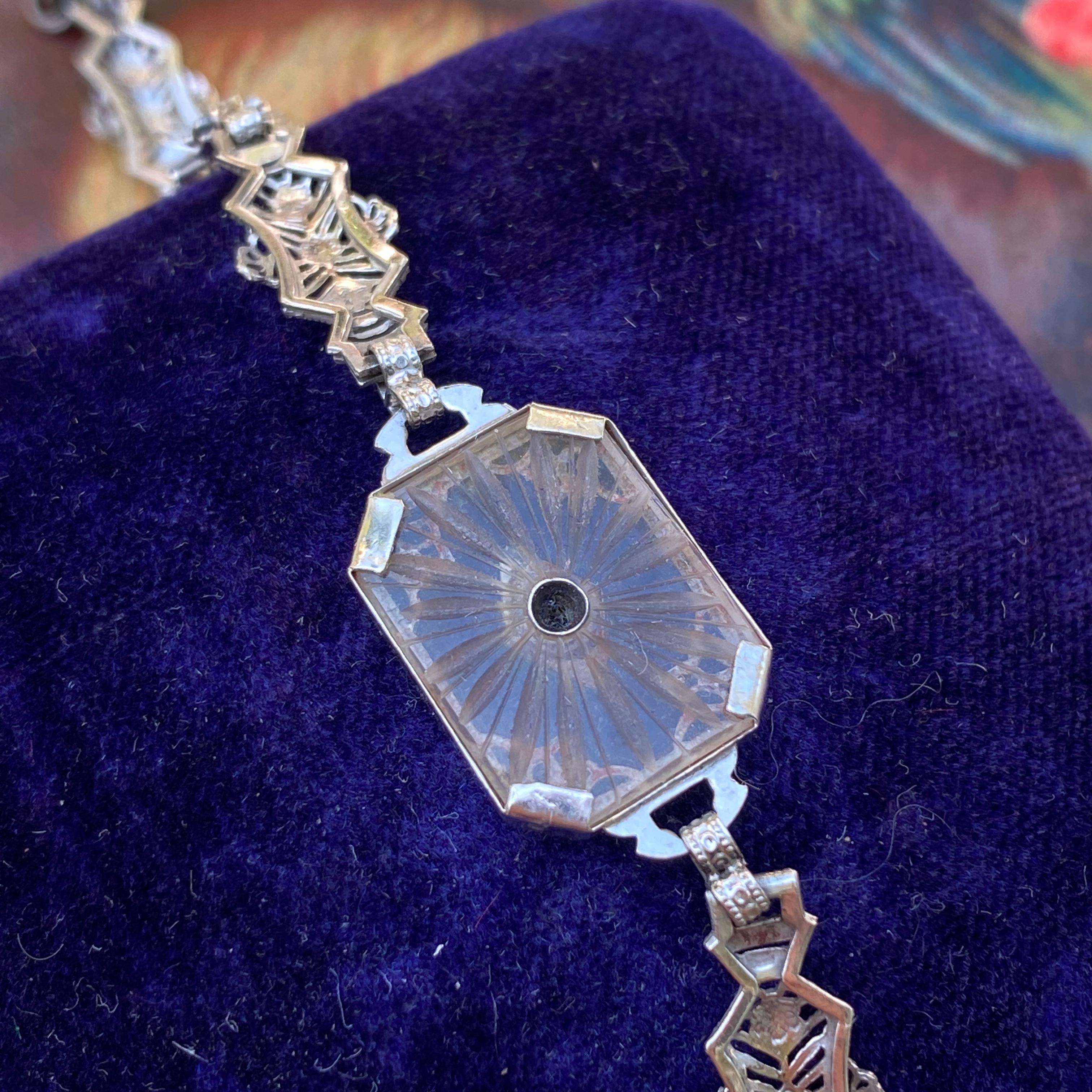 Art Carved Rock Crystal Diamond & 10K Filigree Bracelet en vente 5