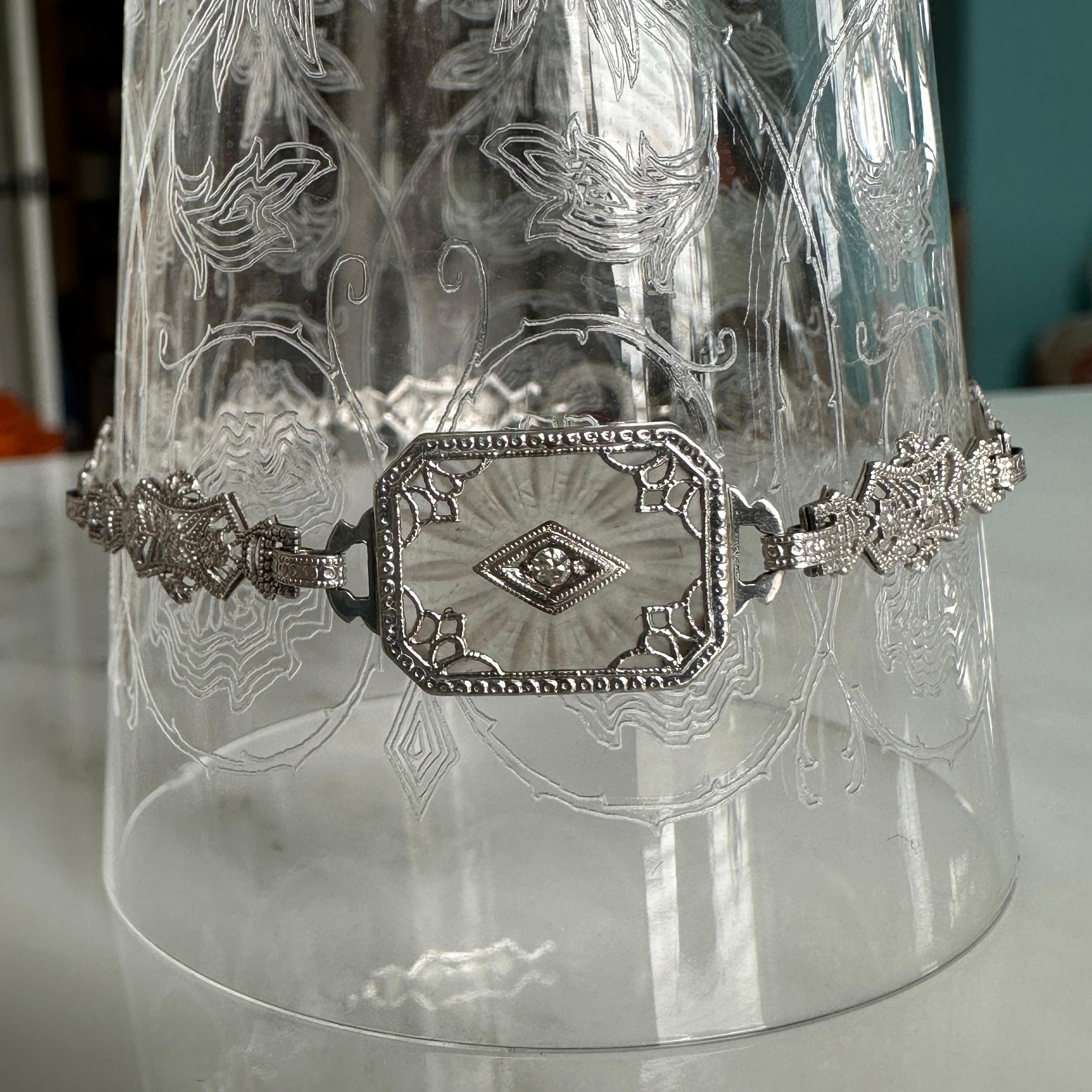 Art Deco Carved Rock Crystal Diamond & 10K Filigree Bracelet 7
