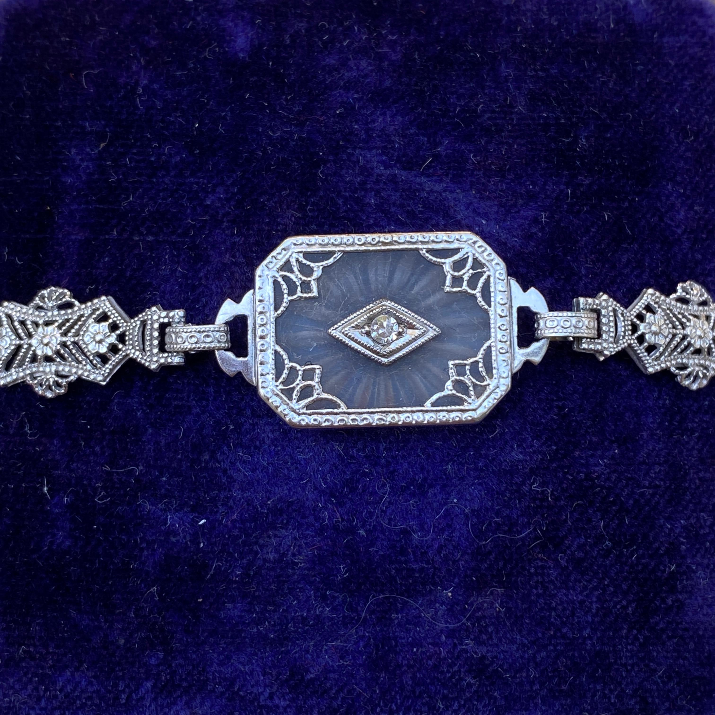 Cabochon Art Deco Carved Rock Crystal Diamond & 10K Filigree Bracelet For Sale