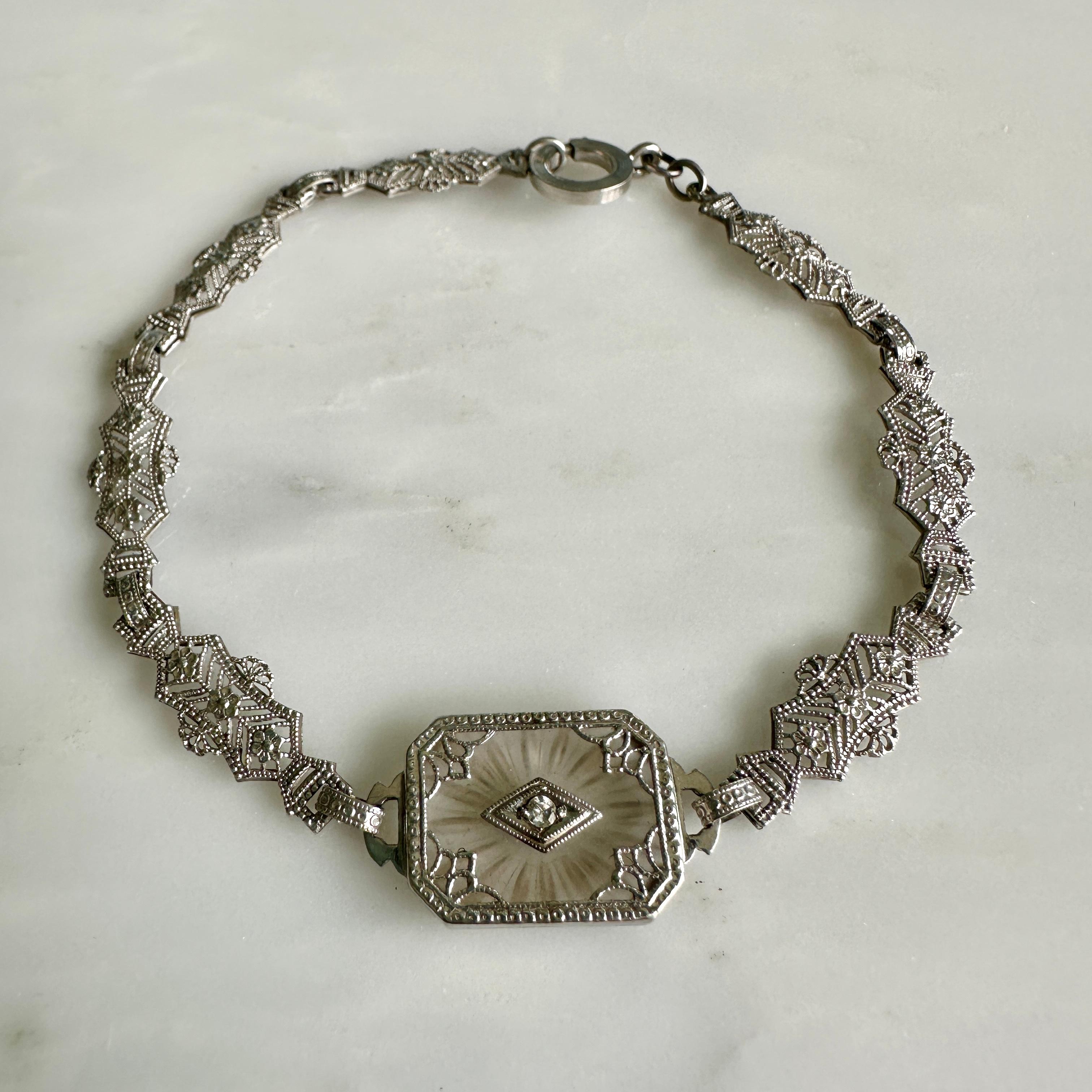 Women's Art Deco Carved Rock Crystal Diamond & 10K Filigree Bracelet For Sale