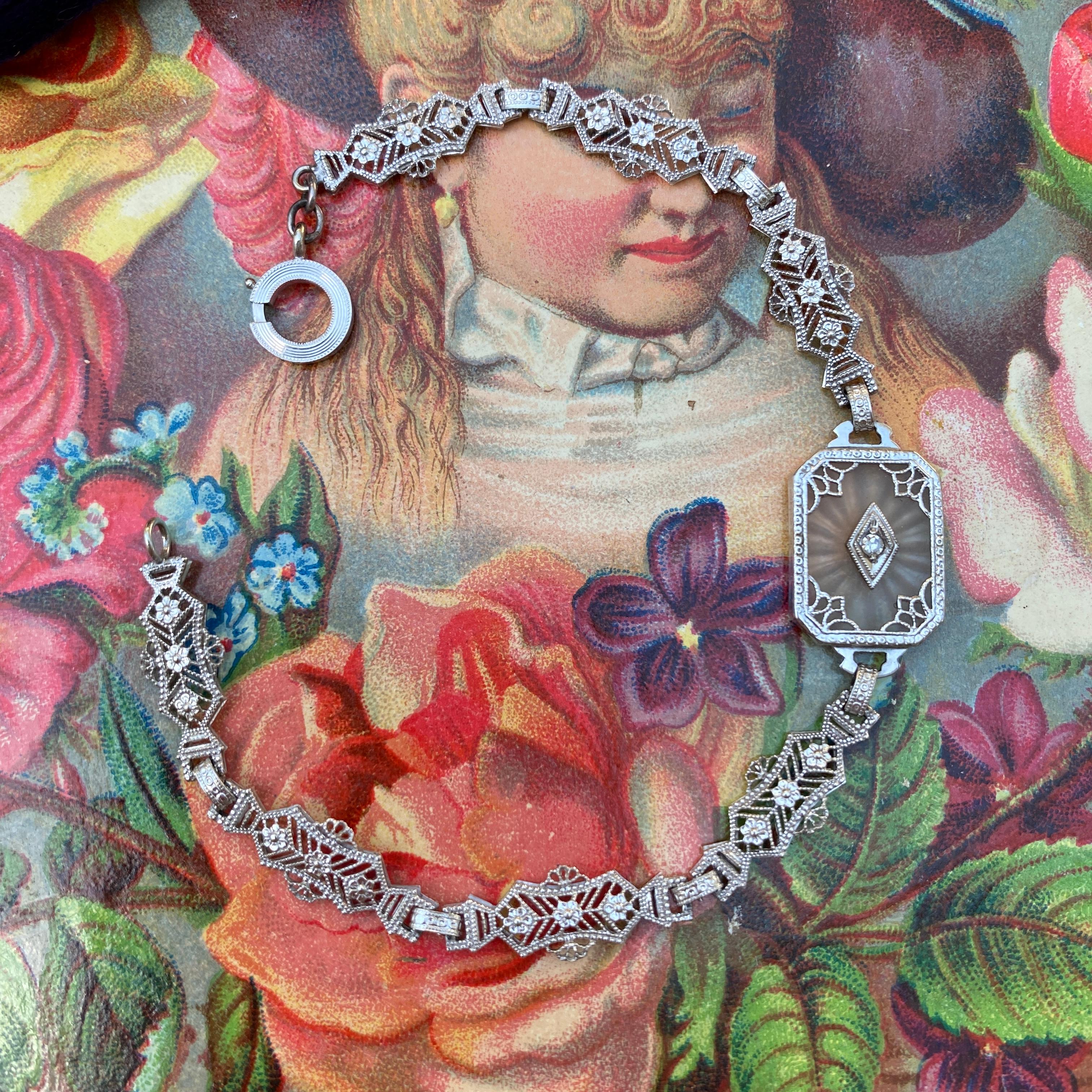Art Deco Carved Rock Crystal Diamond & 10K Filigree Bracelet 1