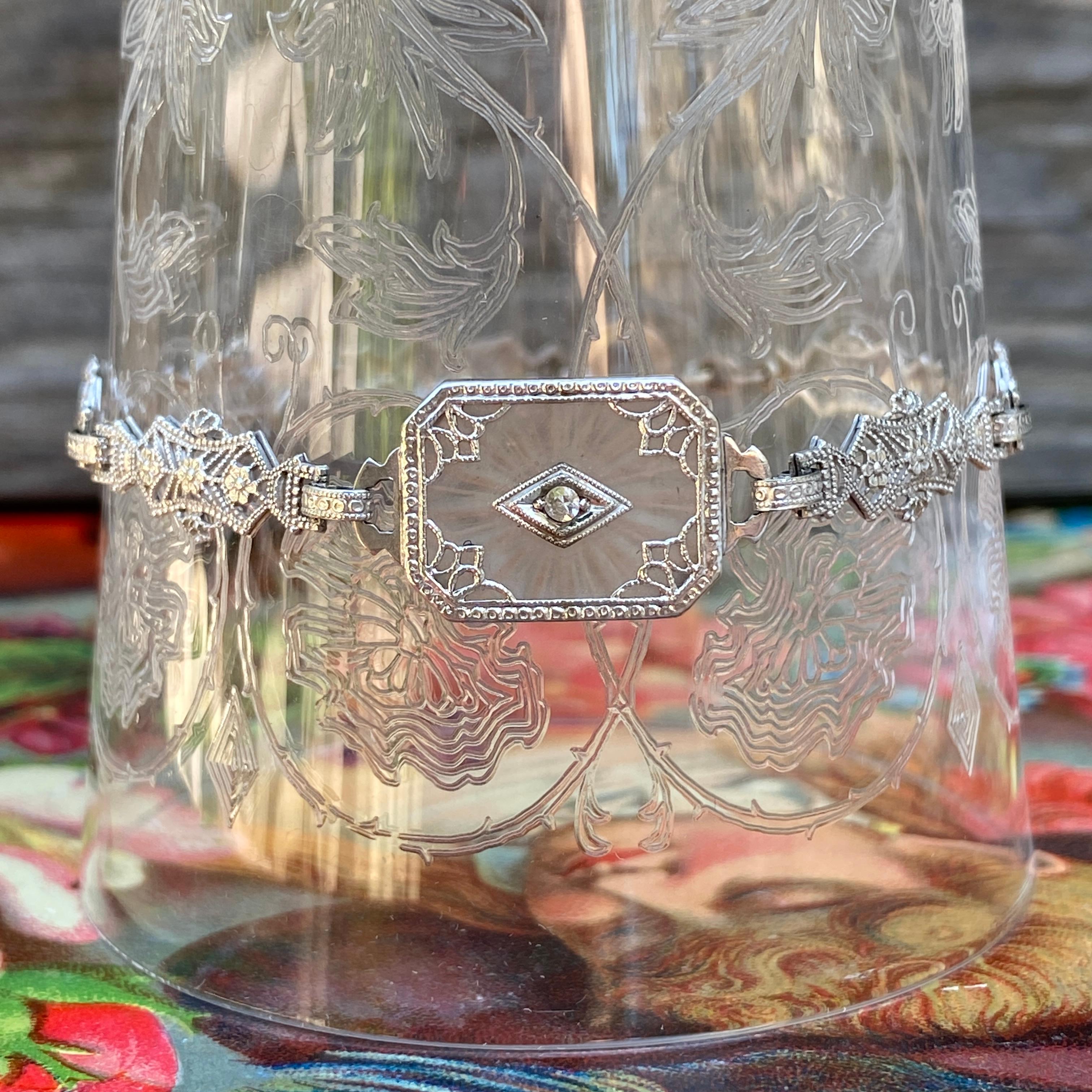 Art Deco Carved Rock Crystal Diamond & 10K Filigree Bracelet 2