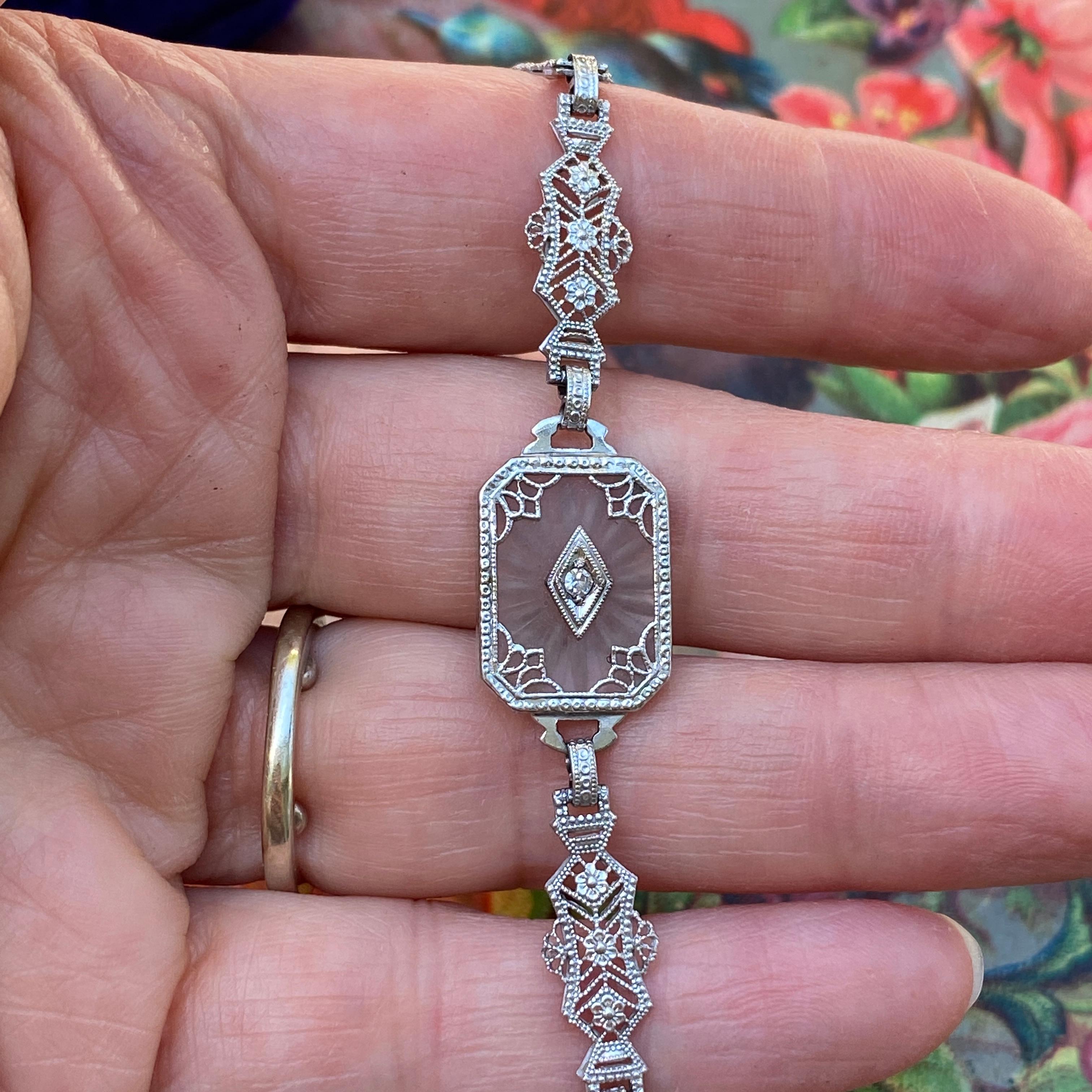 Art Deco Carved Rock Crystal Diamond & 10K Filigree Bracelet 3