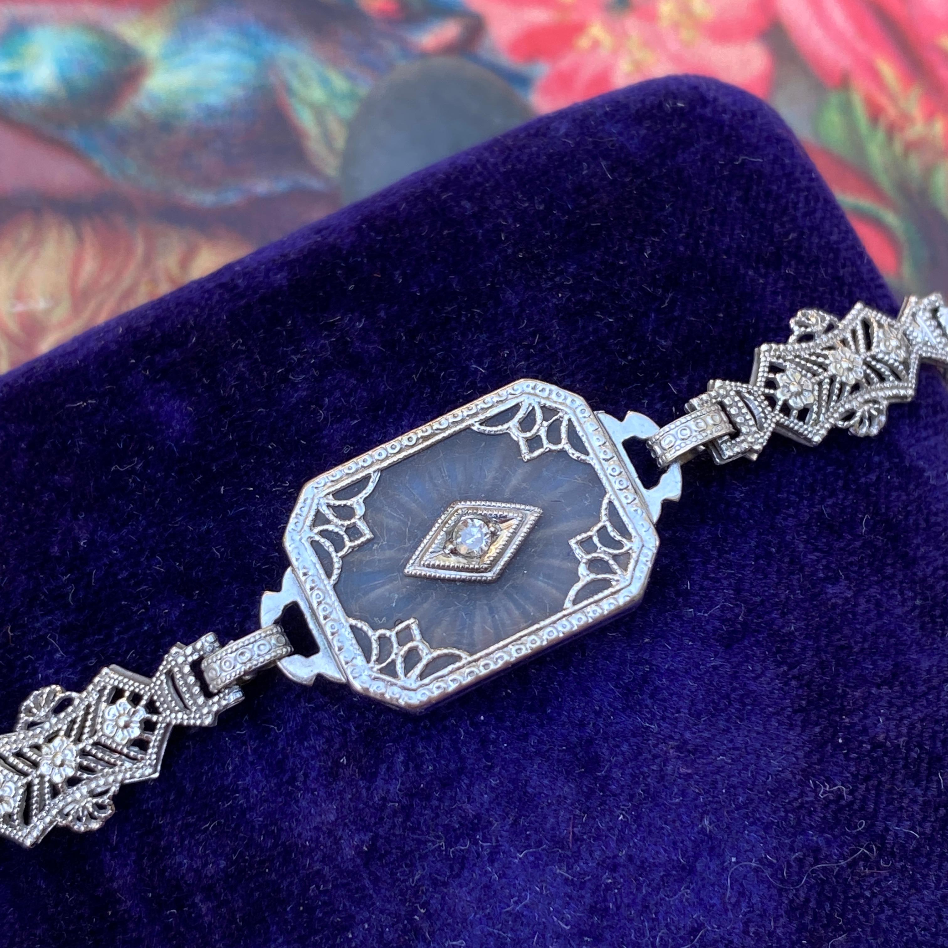 Art Deco Carved Rock Crystal Diamond & 10K Filigree Bracelet For Sale 4