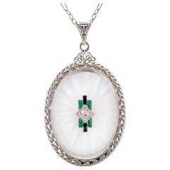 Art Deco Carved Rock Crystal Diamond Enamel White Gold Pendant Necklace