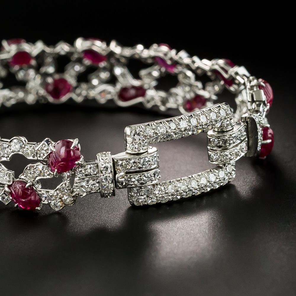 Cabochon Art Deco Carved Ruby and Diamond Bracelet by Trabert & Hoeffer, Mauboussin For Sale