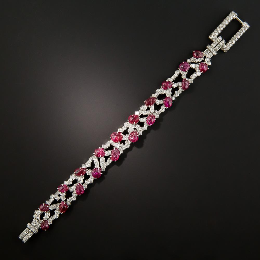 Art Deco Carved Ruby and Diamond Bracelet by Trabert & Hoeffer, Mauboussin In Excellent Condition For Sale In San Francisco, CA