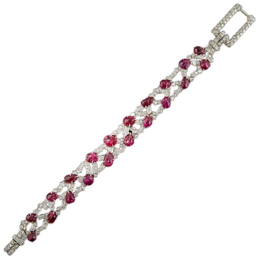 Art Deco Carved Ruby and Diamond Bracelet by Trabert & Hoeffer, Mauboussin For Sale