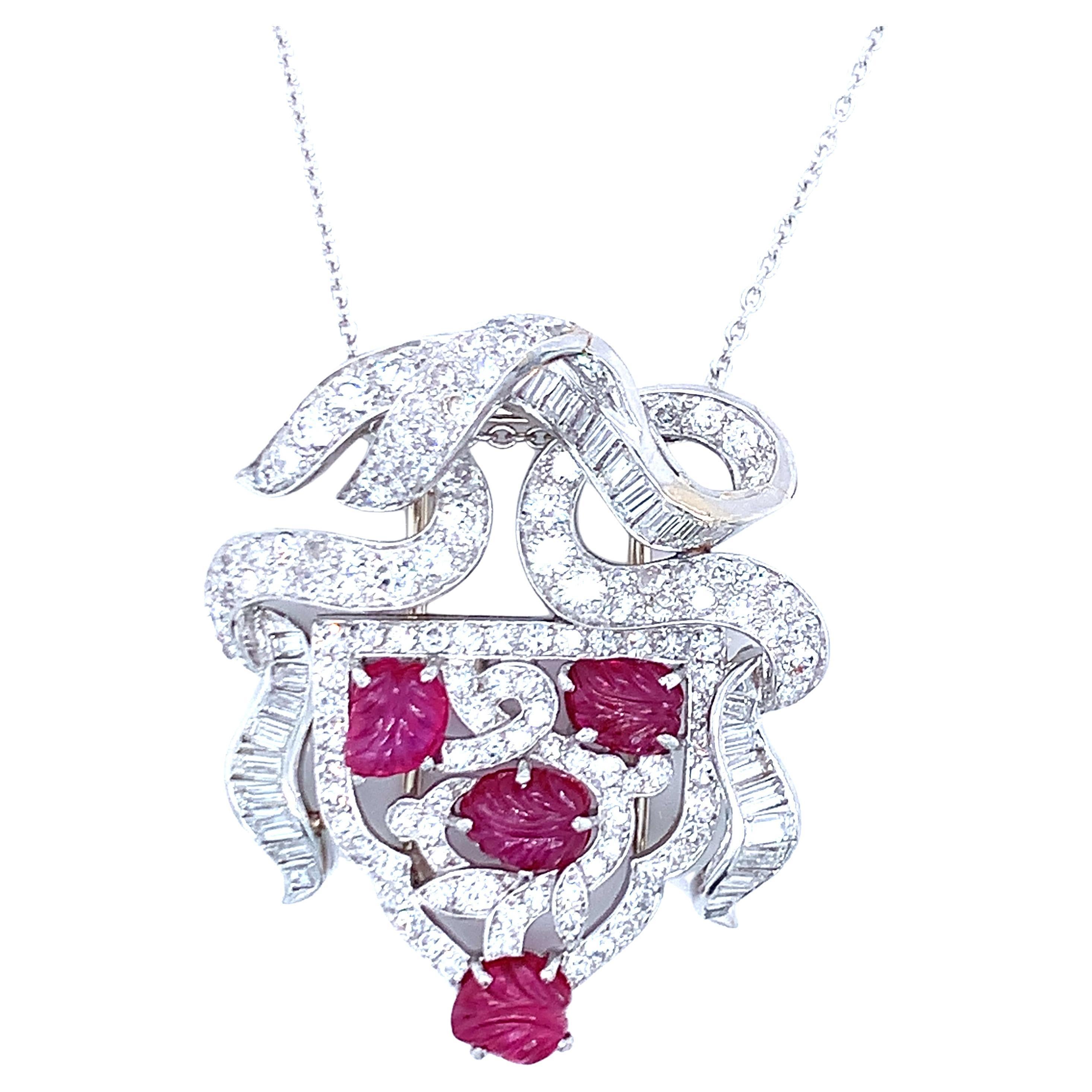 Art Deco Carved Ruby and Diamond Platinum Pendant For Sale