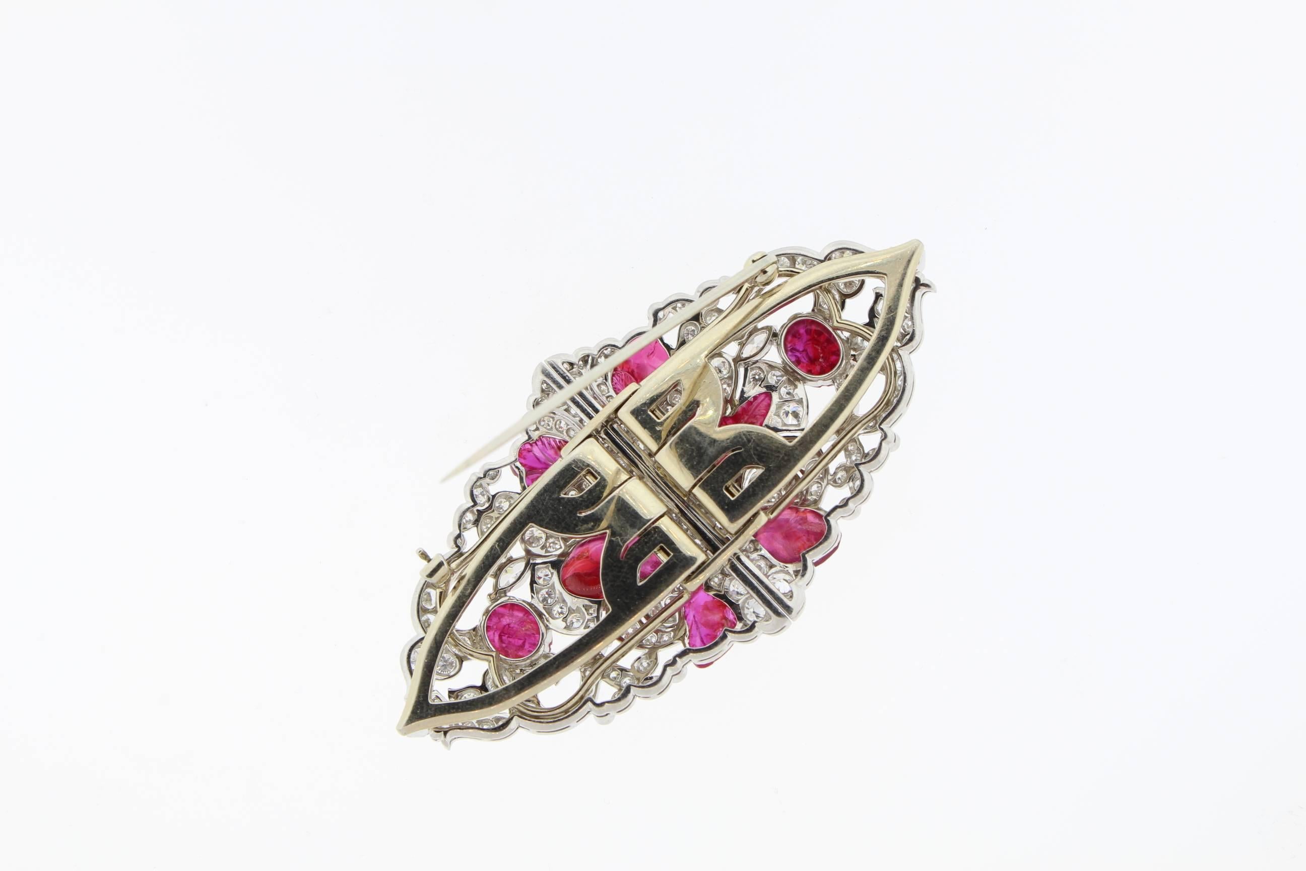 Women's or Men's Art Deco  Carved Ruby Diamond  Platinum Double Clip Pin