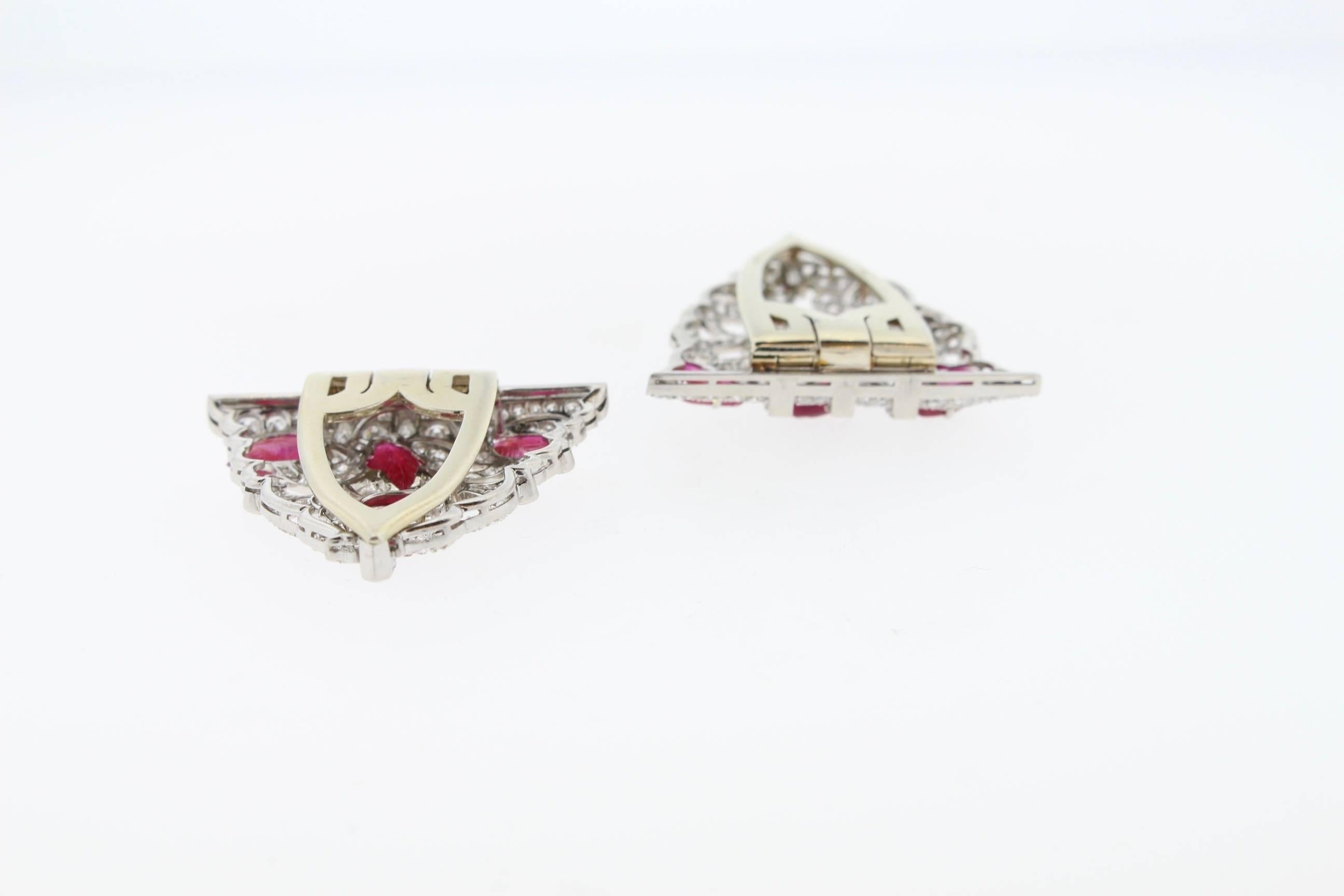 Art Deco  Carved Ruby Diamond  Platinum Double Clip Pin 4