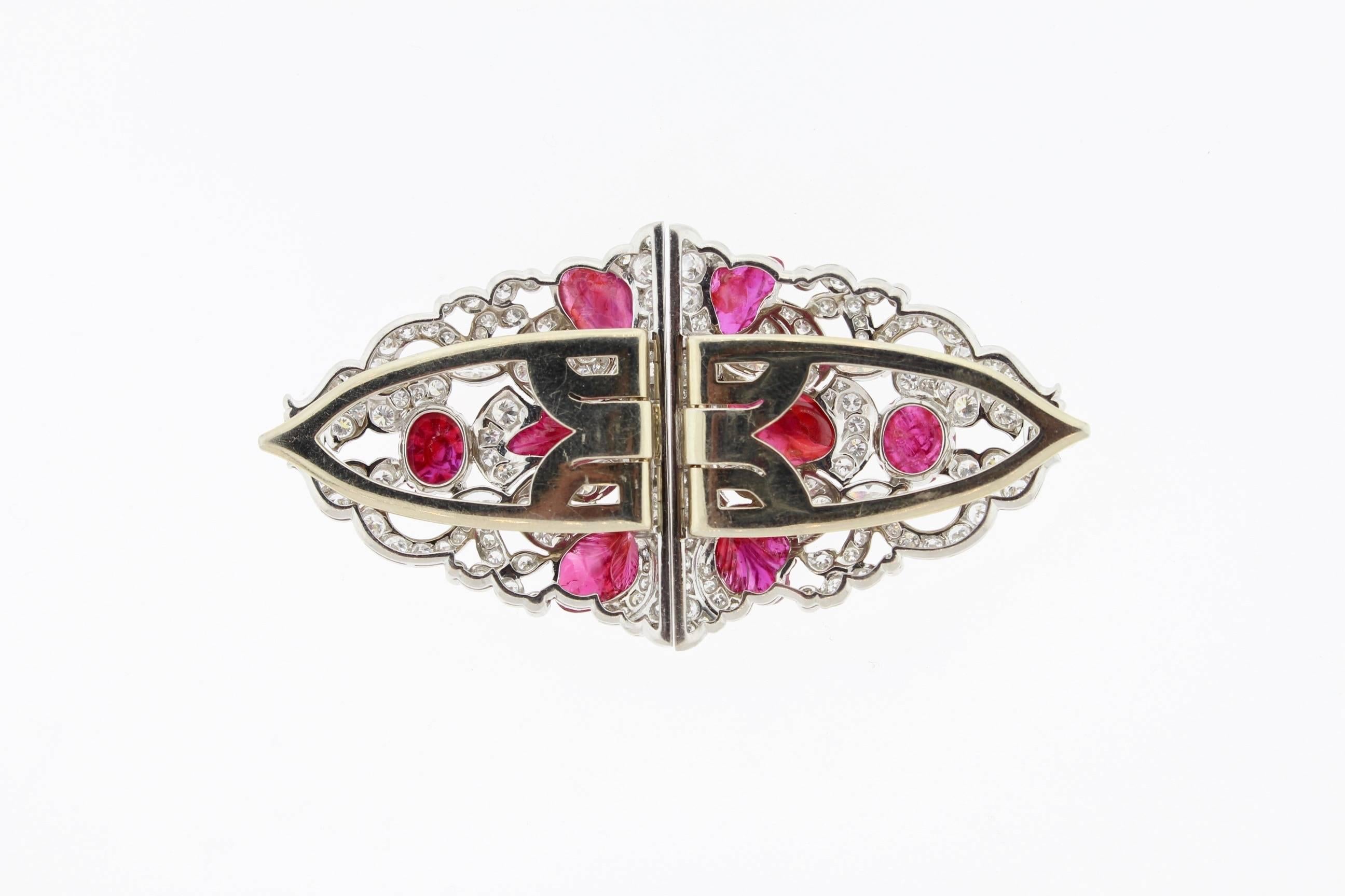Art Deco  Carved Ruby Diamond  Platinum Double Clip Pin 5