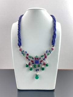 Art Deco Carved Ruby, Emerald and Sapphire Beaded Necklace