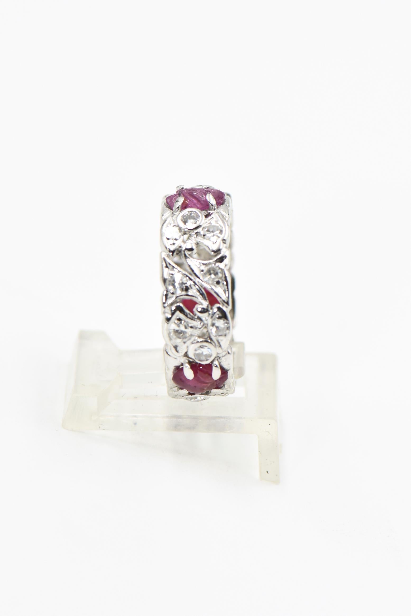 Women's Art Deco Carved Ruby Leaf Diamond Floral Platinum Eternity Band For Sale