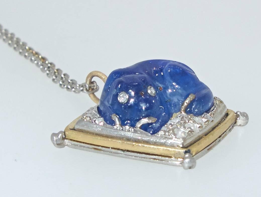 Antique Carved Sapphire, Diamond Dog Motif Pendant, circa 1920 In Excellent Condition In Aspen, CO