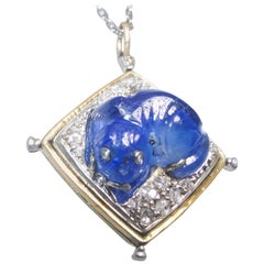 Antique Carved Sapphire, Diamond Dog Motif Pendant, circa 1920