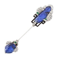 Antique Art Deco Carved Sapphire Diamond Jabot Pin Brooch