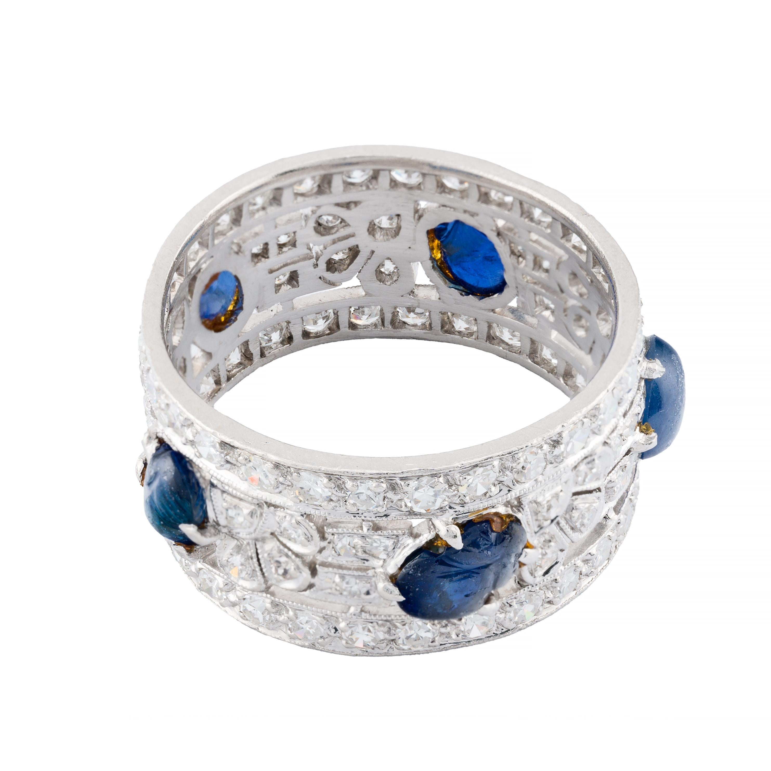 Art Deco Carved Sapphire & Diamond Wide Band Ring in Platinum In Excellent Condition For Sale In Boston, MA