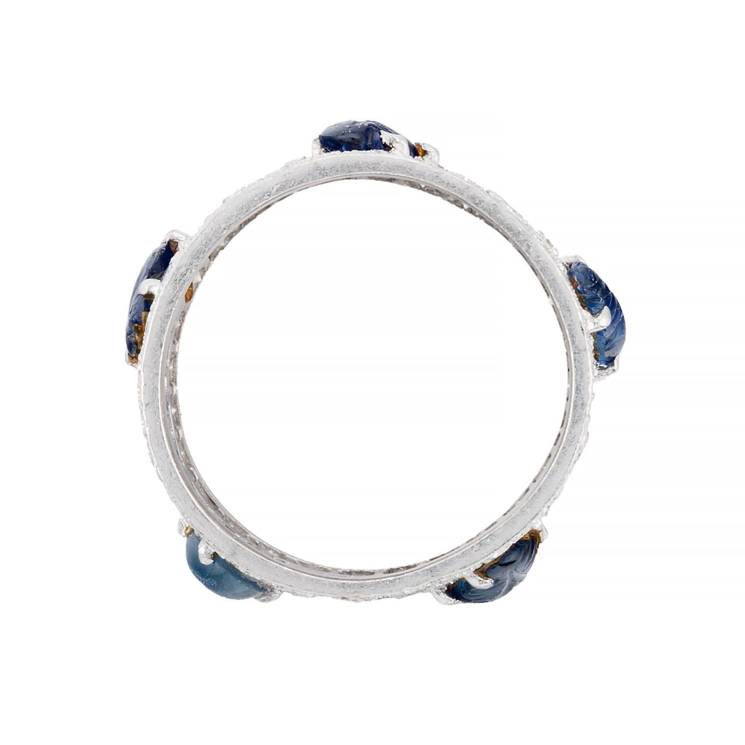 Women's Art Deco Carved Sapphire & Diamond Wide Band Ring in Platinum For Sale