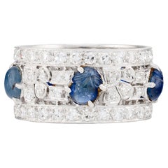 Bague à large bande en platine, saphir et diamant, Art Carved