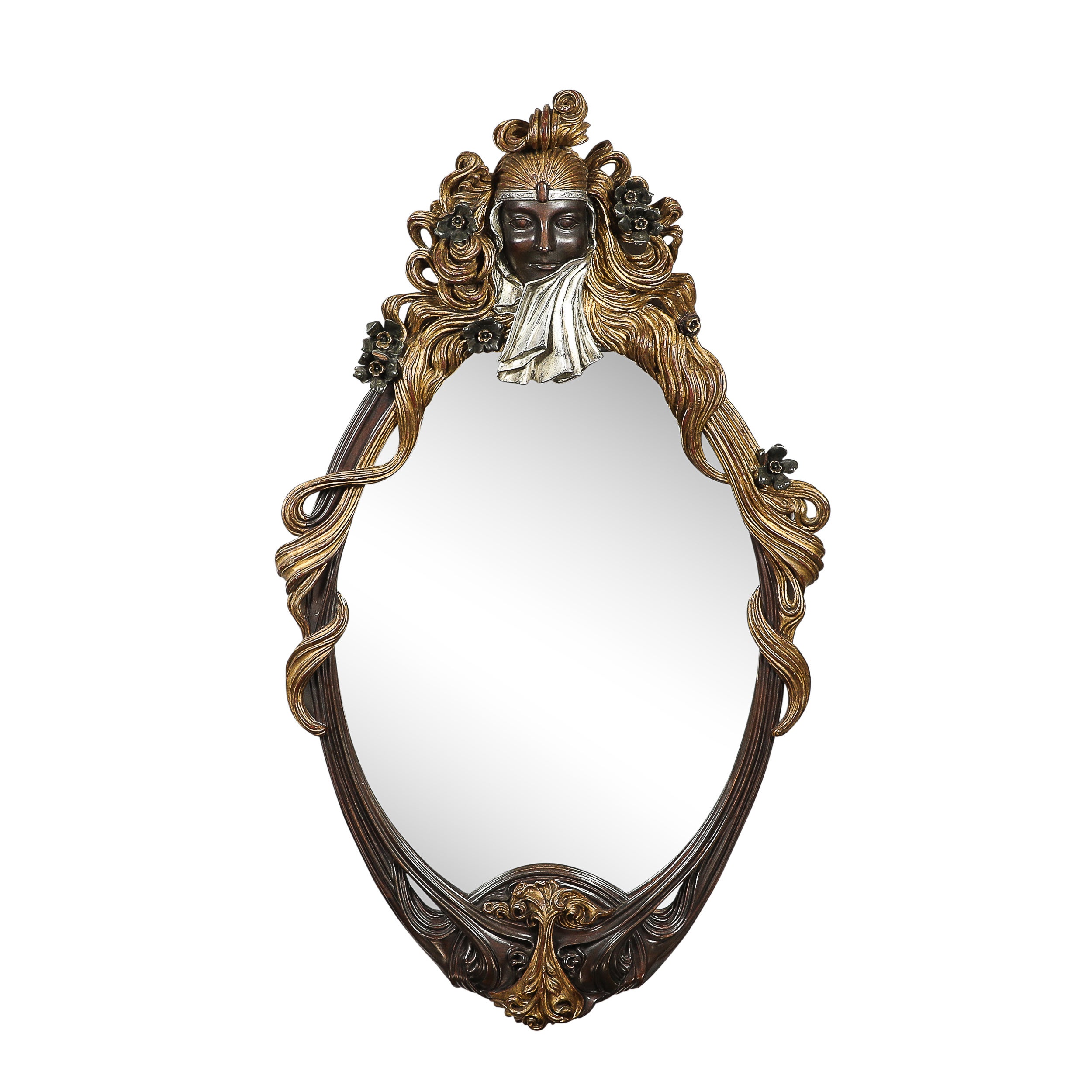 Art Deco Carved Sculptural Flapper Mirror in Limewood, Plaster Appliques & Gilt For Sale