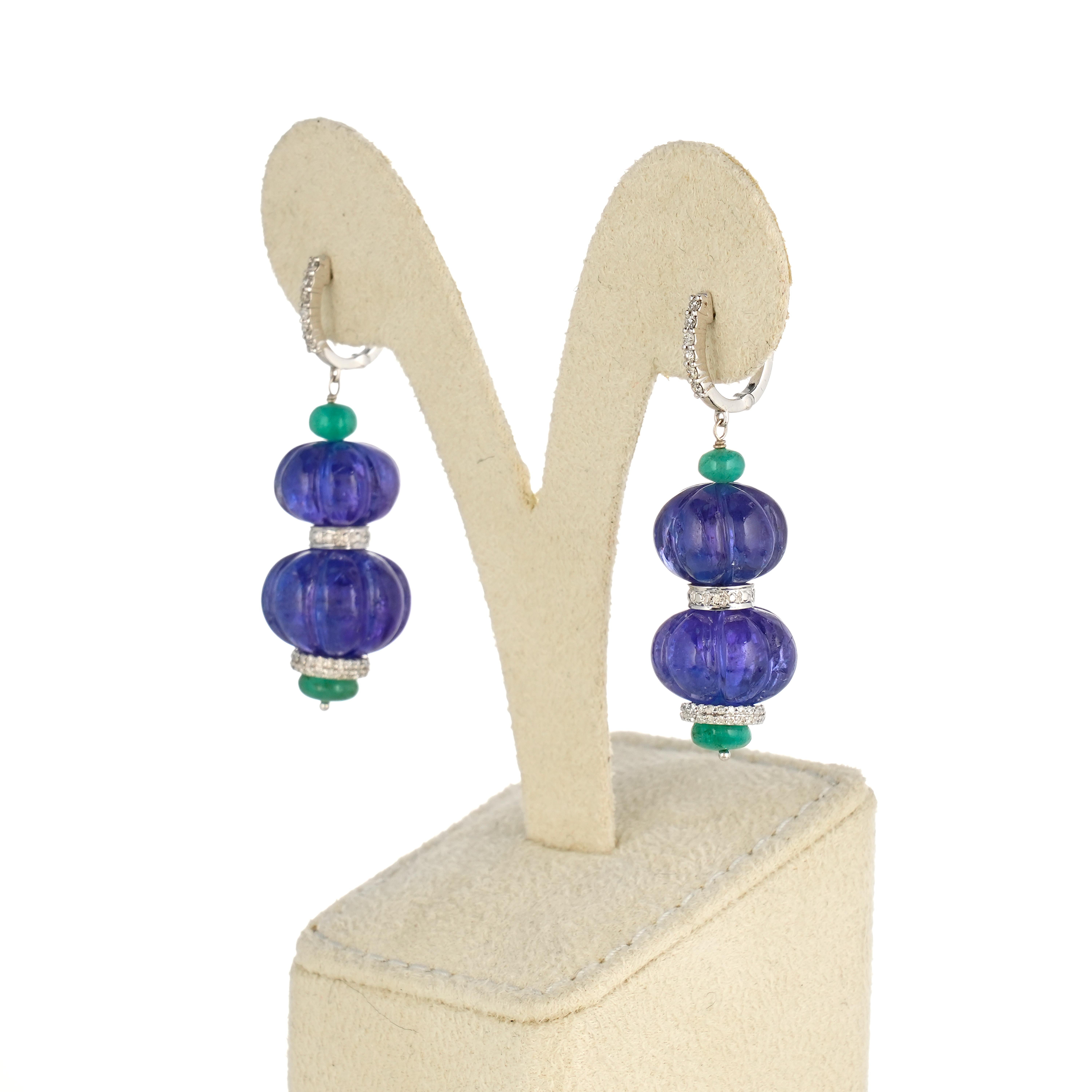 Art Deco Art-Deco Carved Tanzanite, Emerald and Diamond Dangle Earrings