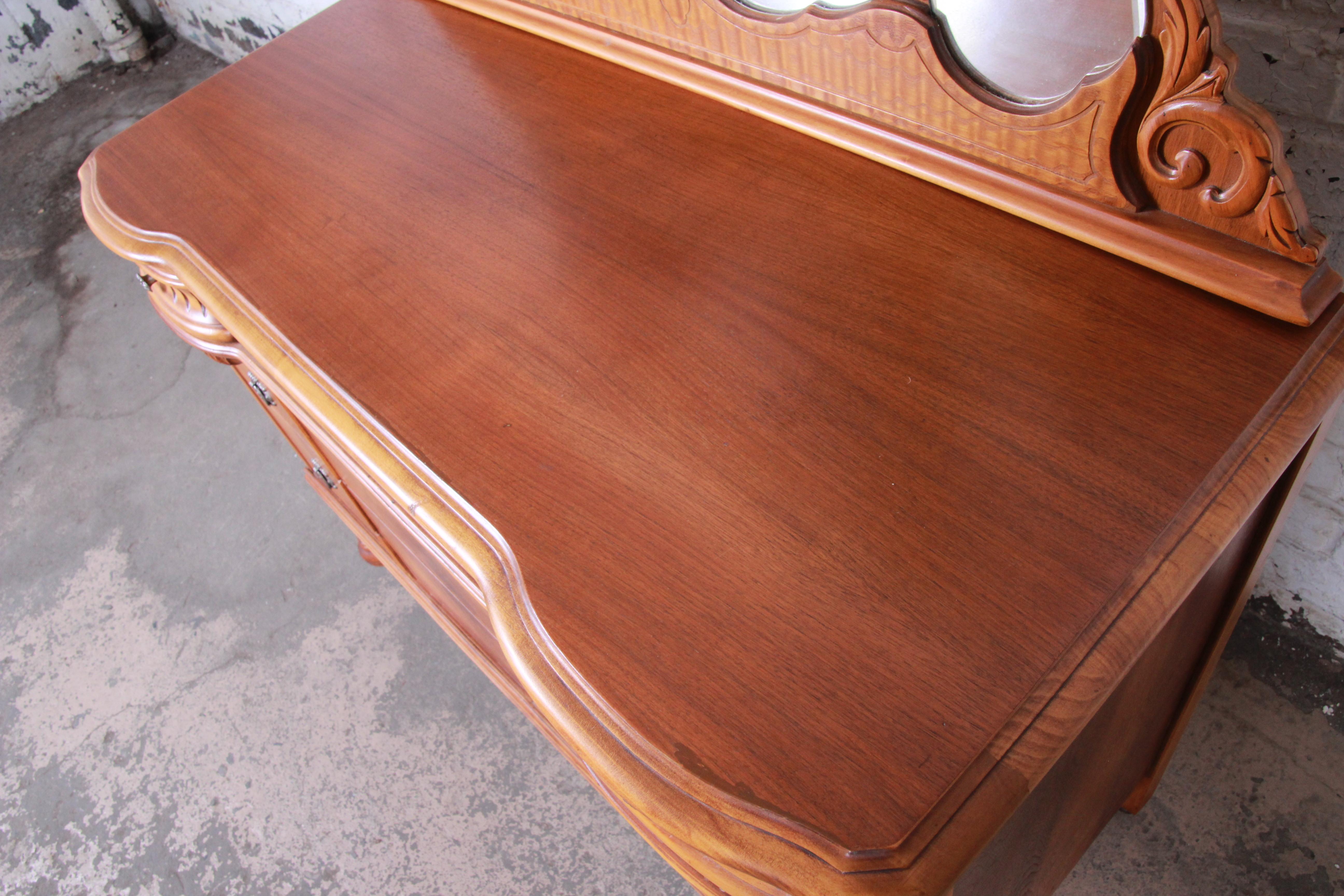 Art Deco Carved Walnut and Burl Wood Dresser with Mirror, 1930s 7